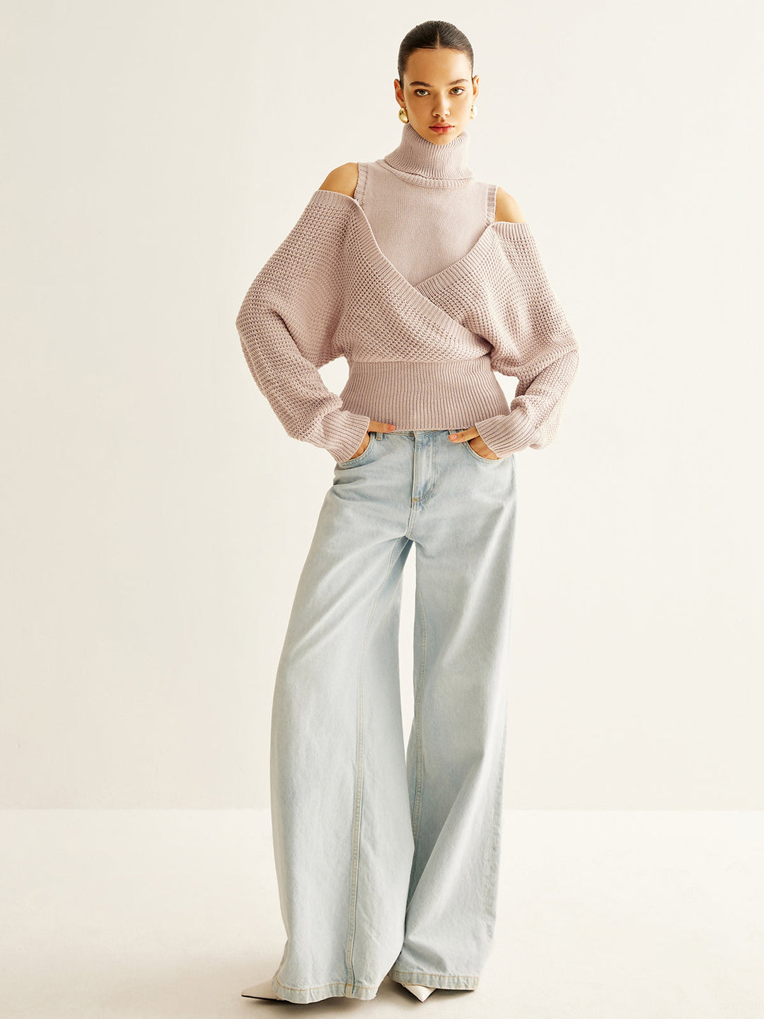 Haut en tricot côtelé surdimensionné à col roulé en laine