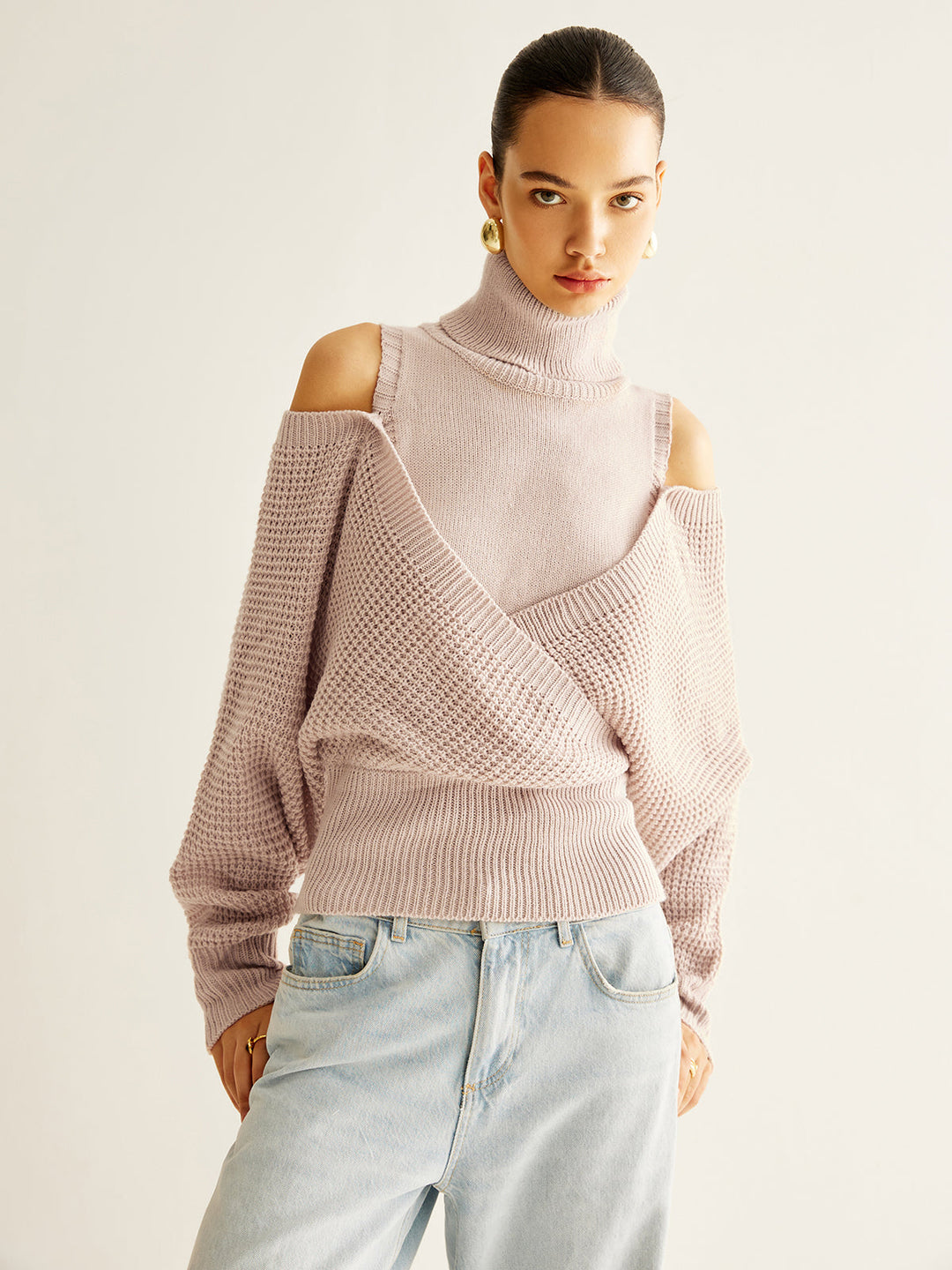 Haut en tricot côtelé surdimensionné à col roulé en laine
