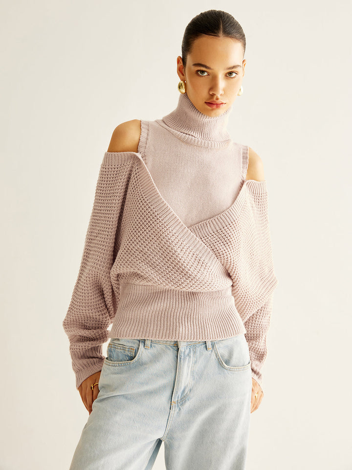 Haut en tricot côtelé surdimensionné à col roulé en laine