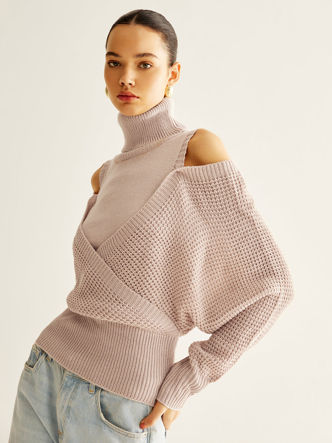Haut en tricot côtelé surdimensionné à col roulé en laine