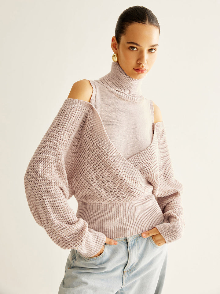 Haut en tricot côtelé surdimensionné à col roulé en laine