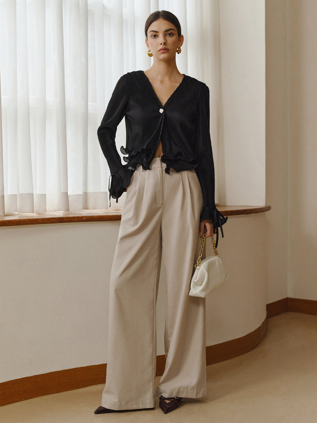 Blouse Plissée à Volants et Boutons