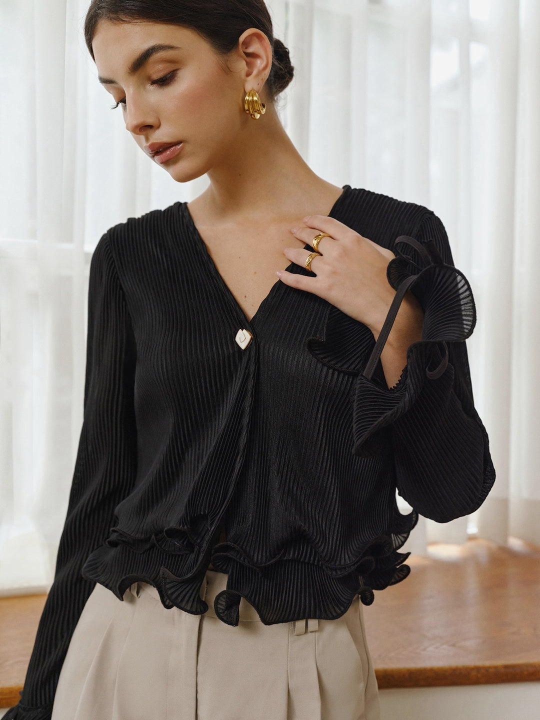 Blouse Plissée à Volants et Boutons