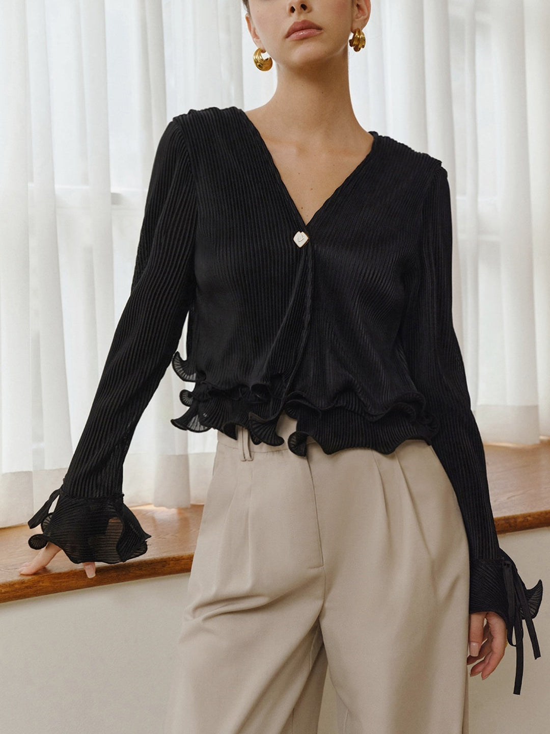 Blouse Plissée à Volants et Boutons