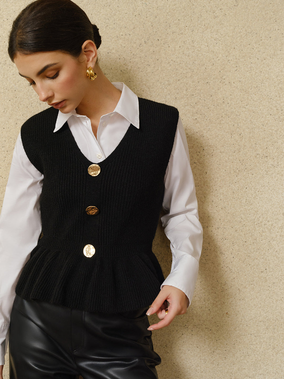Gilet Pull sans Manches côtelé à Volants