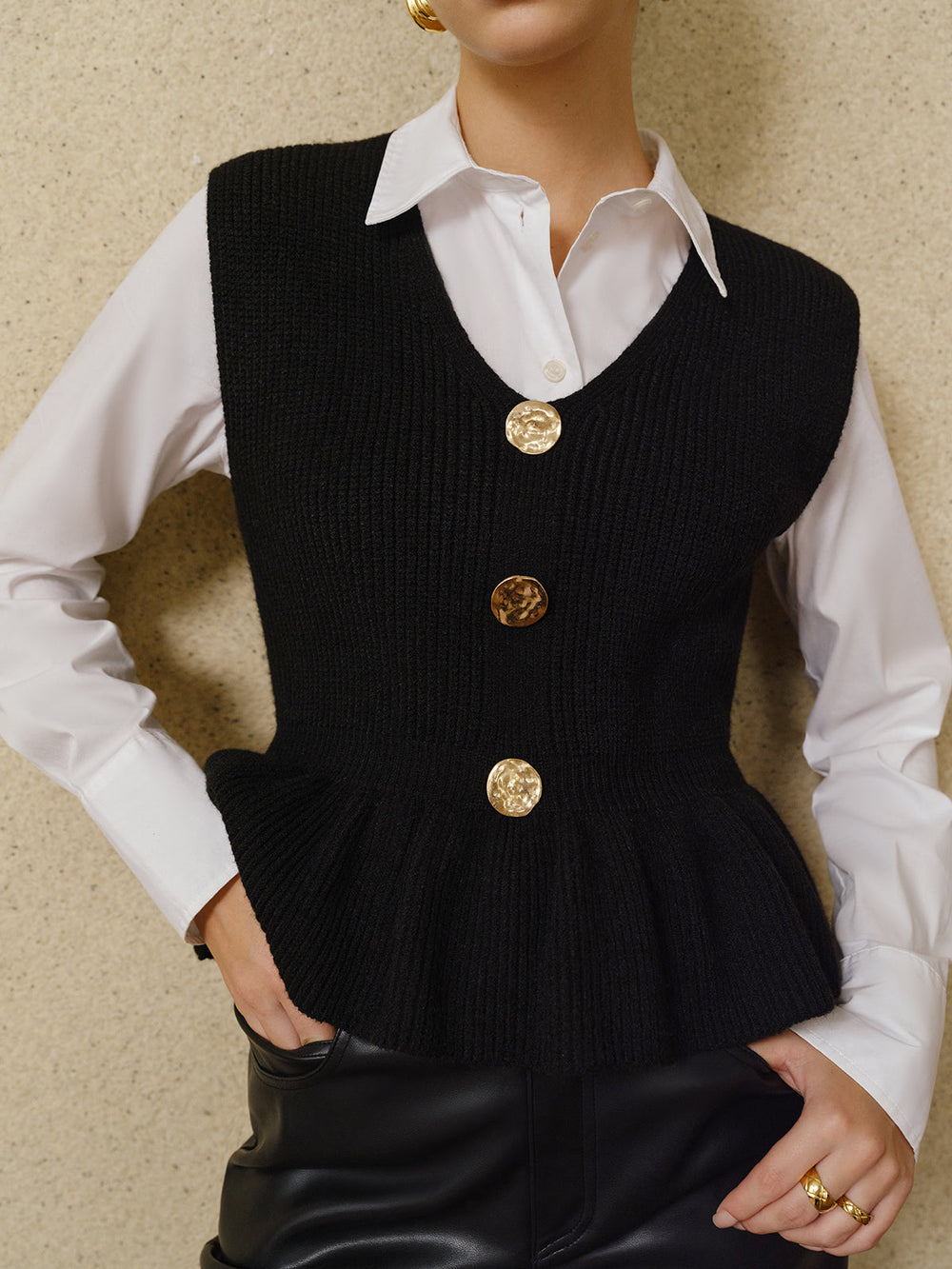 Gilet Pull sans Manches côtelé à Volants