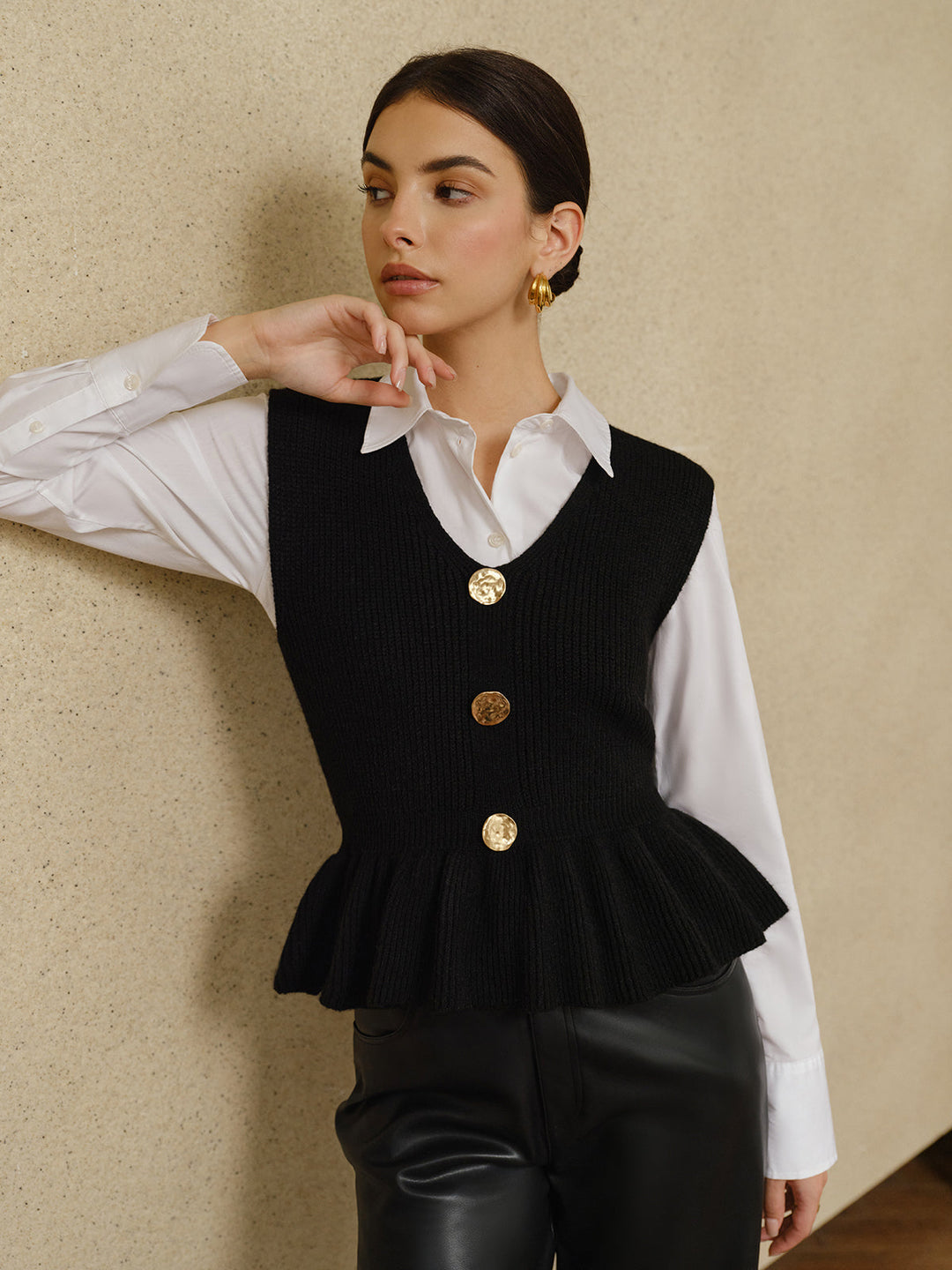 Gilet Pull sans Manches côtelé à Volants