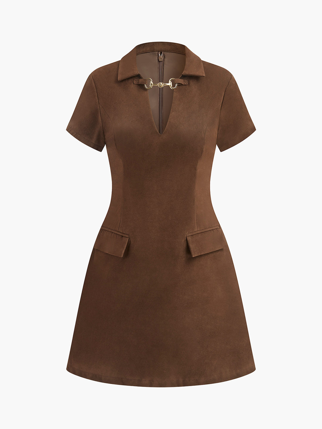 Robe en Daim à Manches Courtes et Col en V