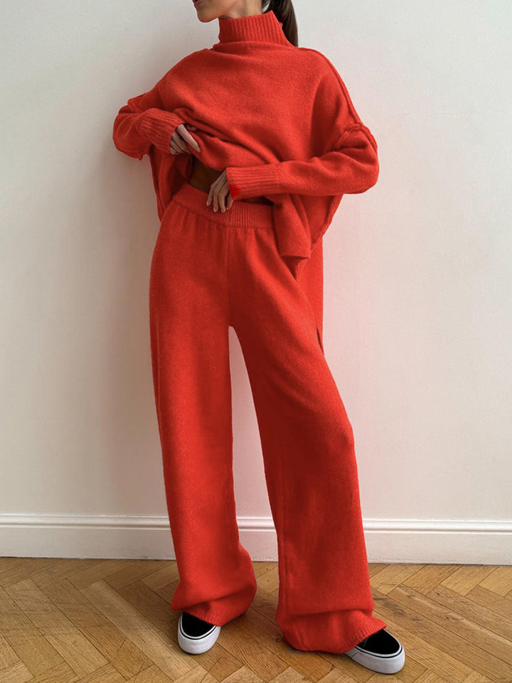 Ensemble Pantalon Tricot à Col Roulé Uni