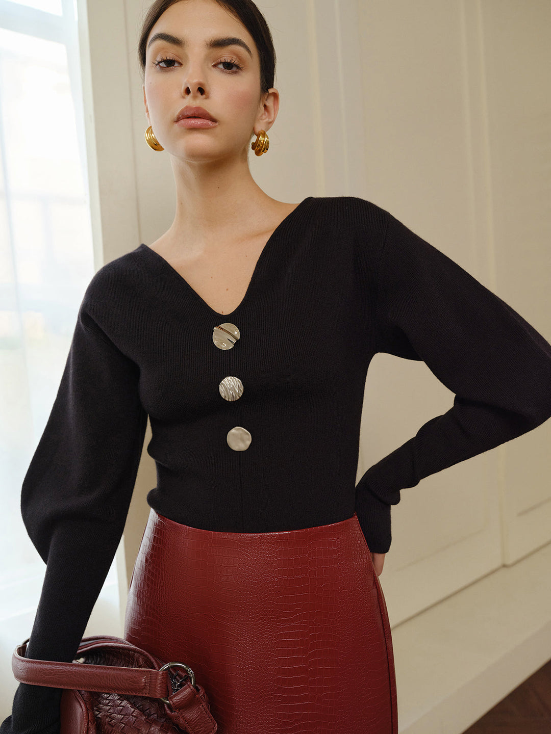 Pull à manches bouffantes à col en V