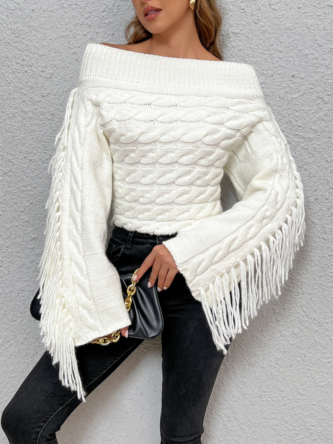 Pull à épaules dénudées à franges Behème