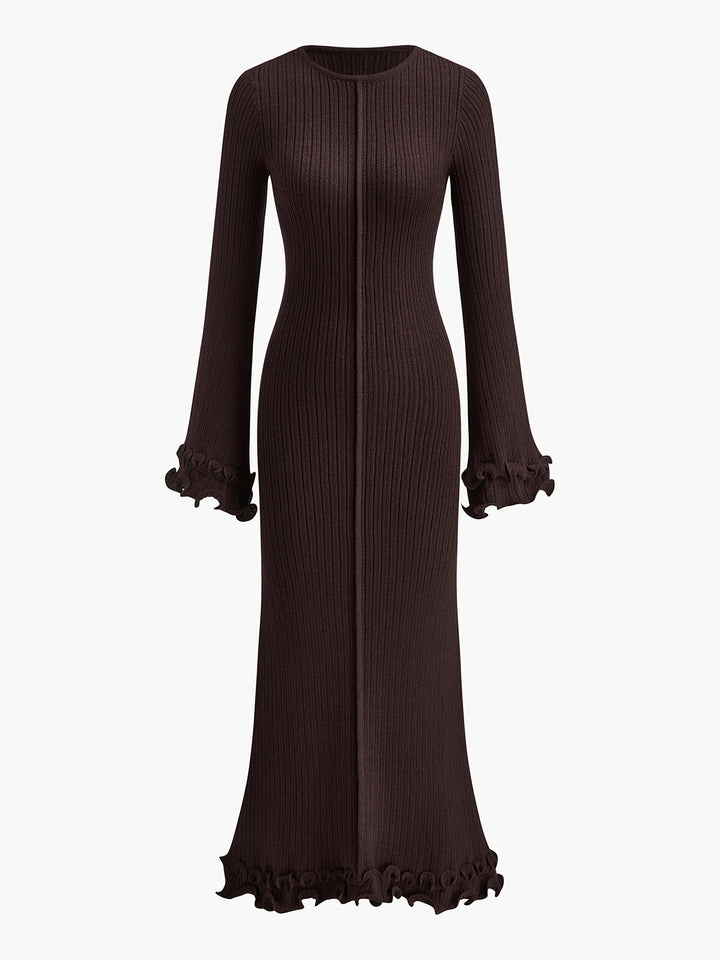 Robe en tricot à cordon de serrage avec volants et passepoil semi-transparent