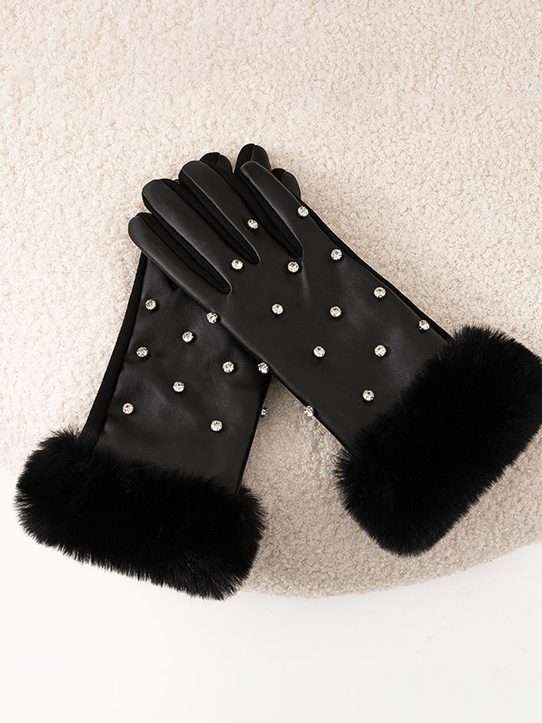 Gants Chauds à Manchette Fluffy avec Strass