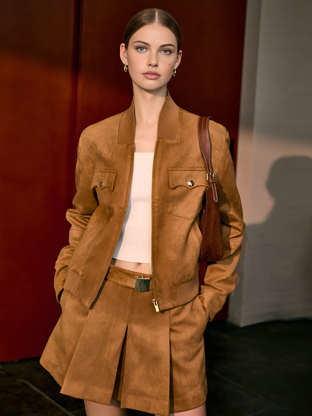 Jupe Plissée en Daim avec Ceinture et Poches
