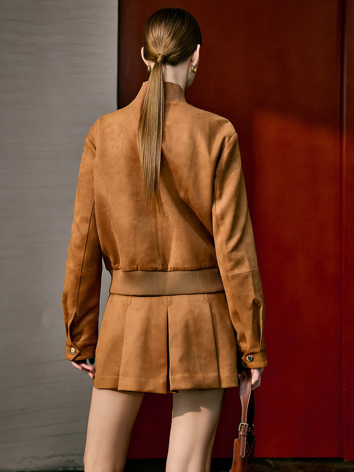 Jupe Plissée en Daim avec Ceinture et Poches