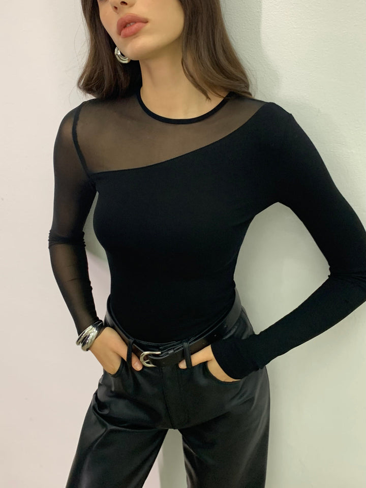 Top en jersey asymétrique à empiècement transparent