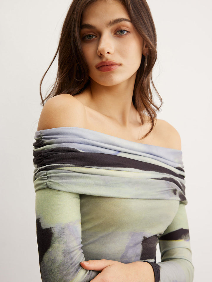 T-Shirt Imprimé Tie Dye à Encolure Bardot