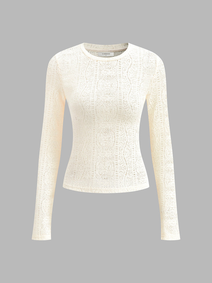 Haut à Manches Longues en Tricot à Col Rond Floral Creux
