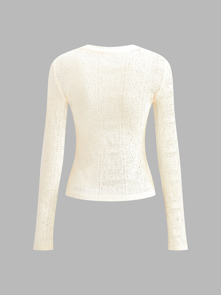 Haut à Manches Longues en Tricot à Col Rond Floral Creux