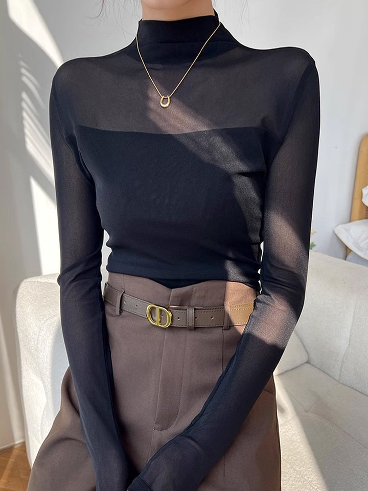 T-Shirt en maille transparente à empiècement Mock Neck