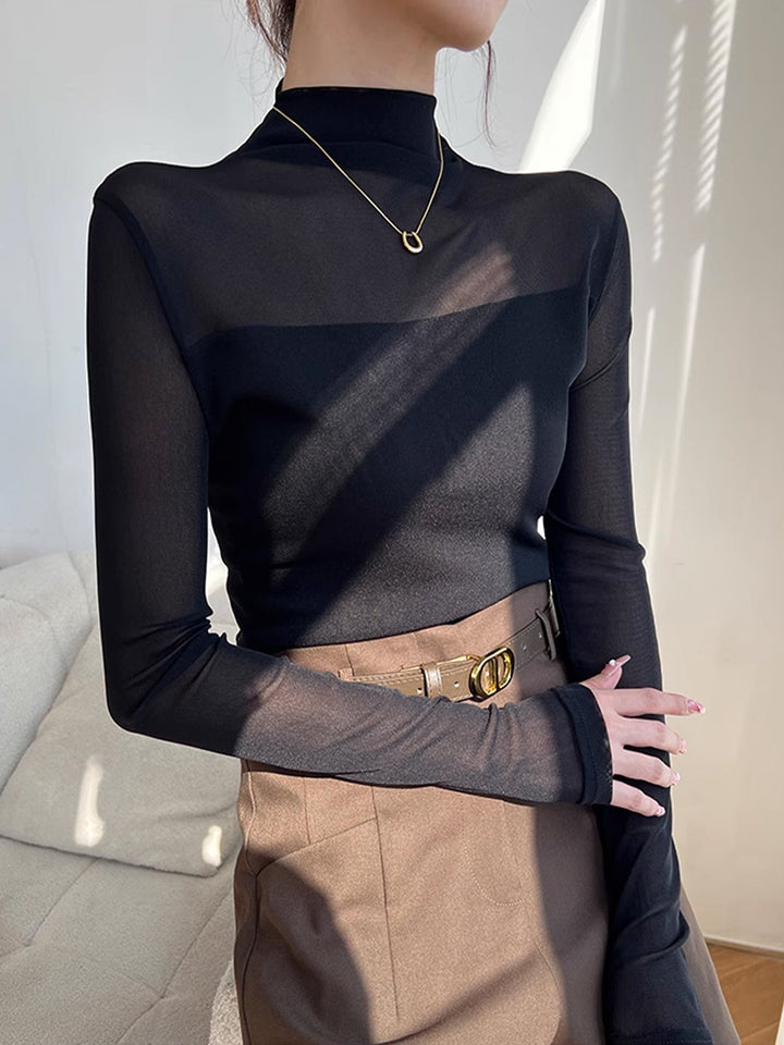 T-Shirt en maille transparente à empiècement Mock Neck