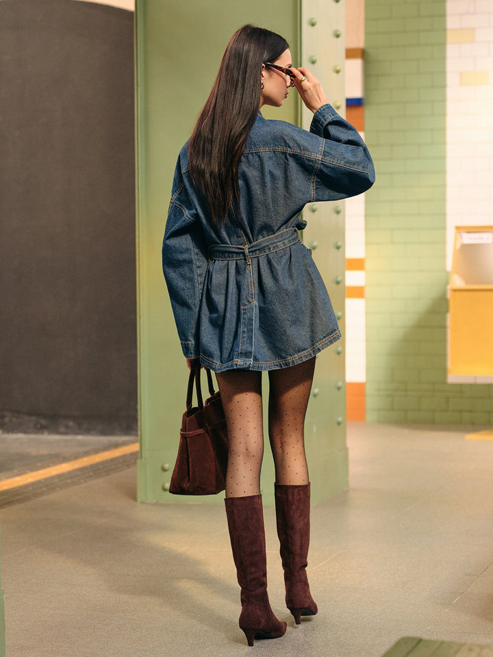Veste Polo en Denim Cargo Ceinturée