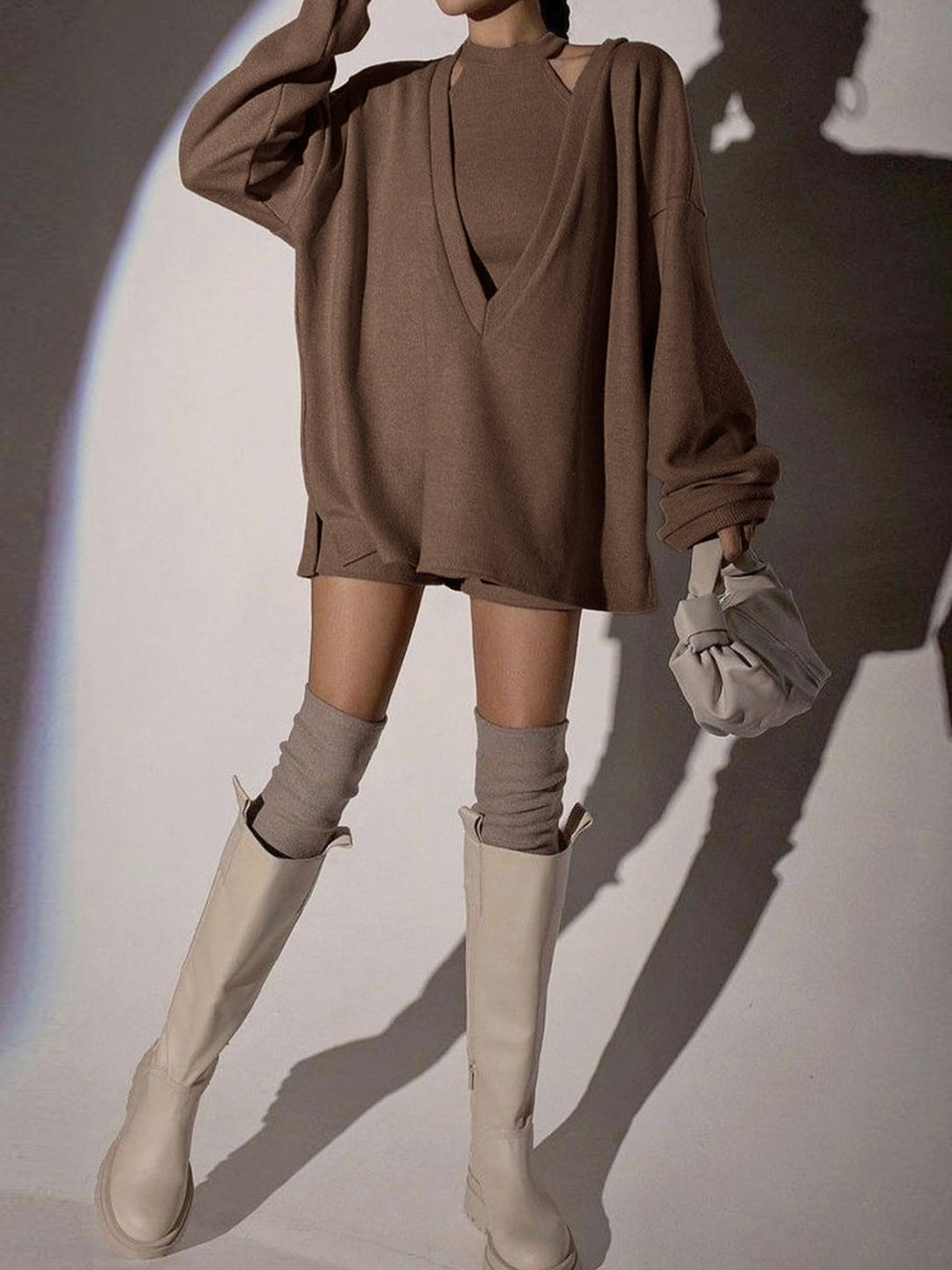 Sweatshirt en maille côtelée unie avec gilet