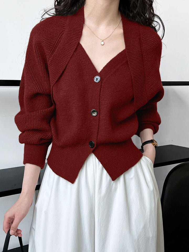 Pull Col V Bouton Tricoté Patchwork