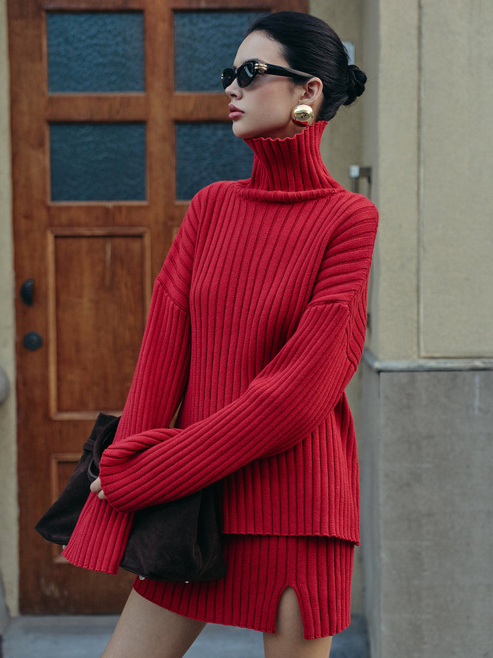 Ensemble jupe-pull côtelée unie