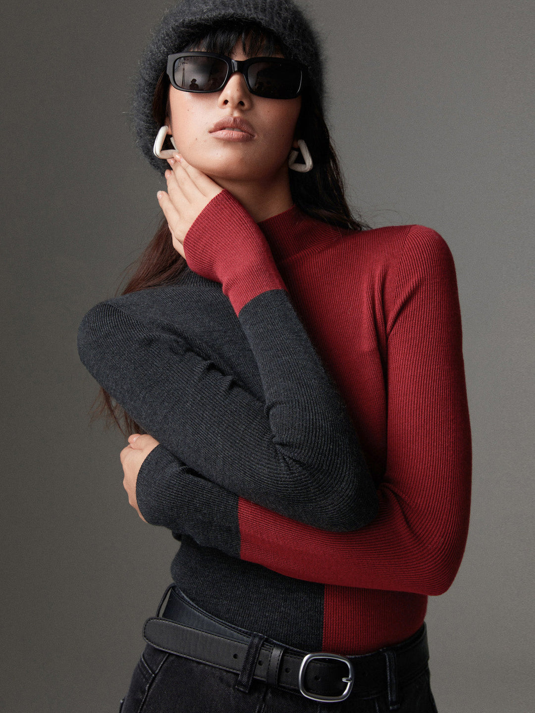 Haut Tricot Ajusté Bicolore en Mélange Laine