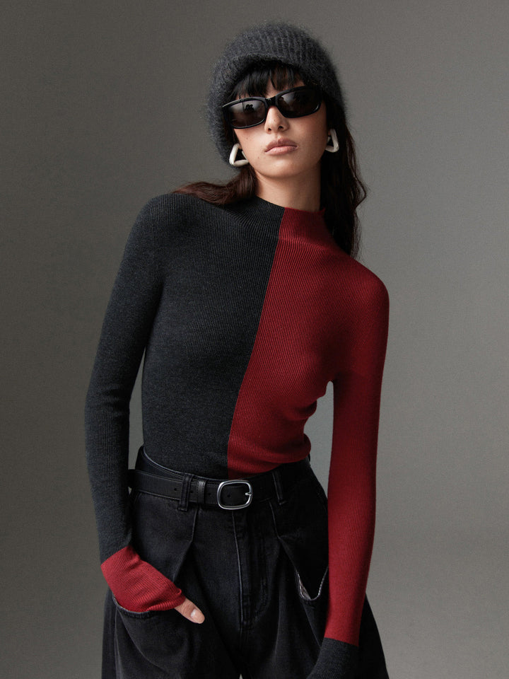 Haut Tricot Ajusté Bicolore en Mélange Laine