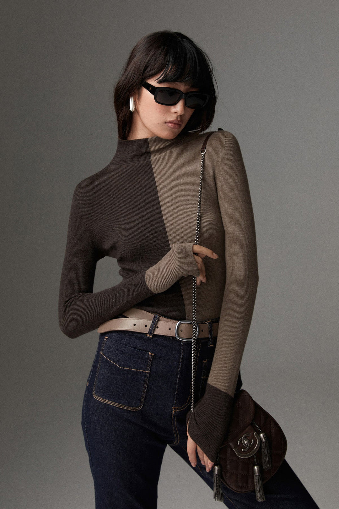 Haut Tricot Ajusté Bicolore en Mélange Laine