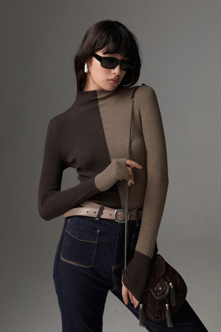 Haut Tricot Ajusté Bicolore en Mélange Laine