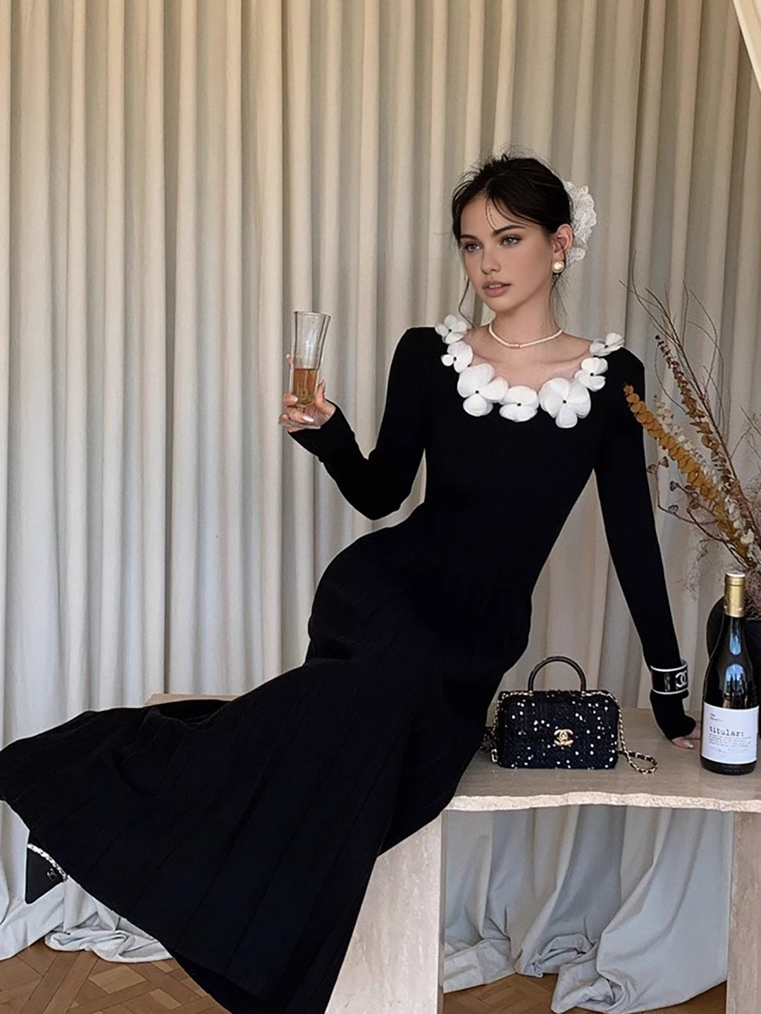 Robe pull plissée décor floral