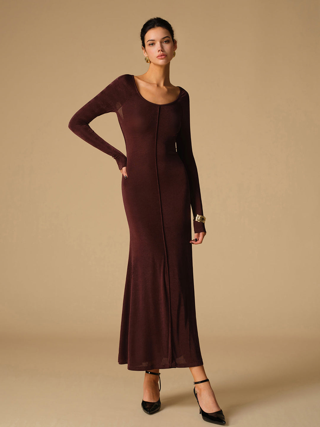 Robe Longue Ajustée Sans Dos en Jersey à Col Rond et Manches Longues