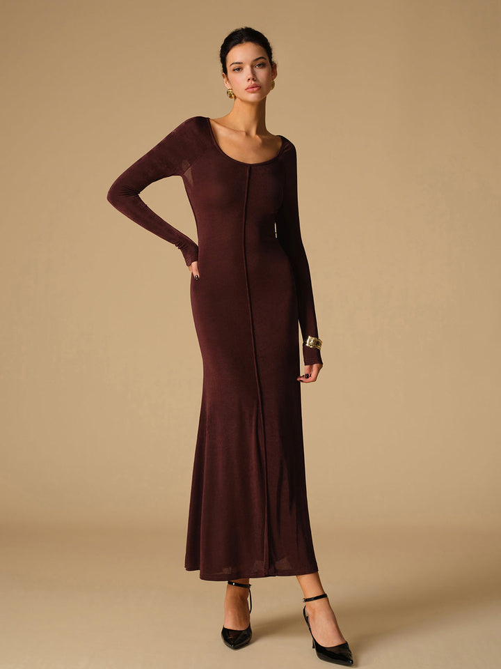 Robe Longue Ajustée Sans Dos en Jersey à Col Rond et Manches Longues