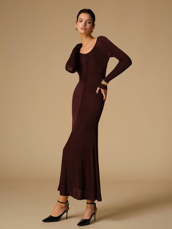 Robe Longue Ajustée Sans Dos en Jersey à Col Rond et Manches Longues