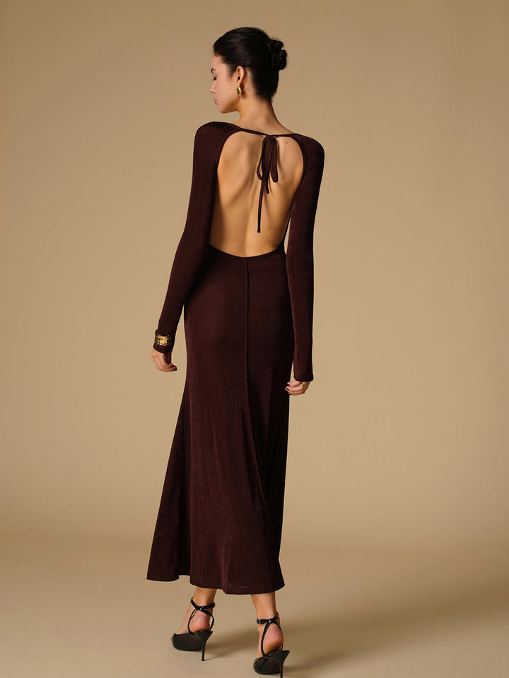 Robe Longue Ajustée Sans Dos en Jersey à Col Rond et Manches Longues