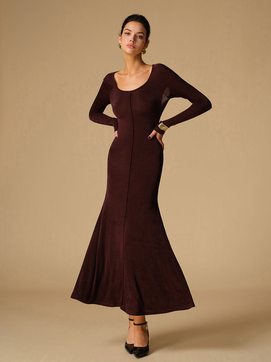 Robe Longue Ajustée Sans Dos en Jersey à Col Rond et Manches Longues