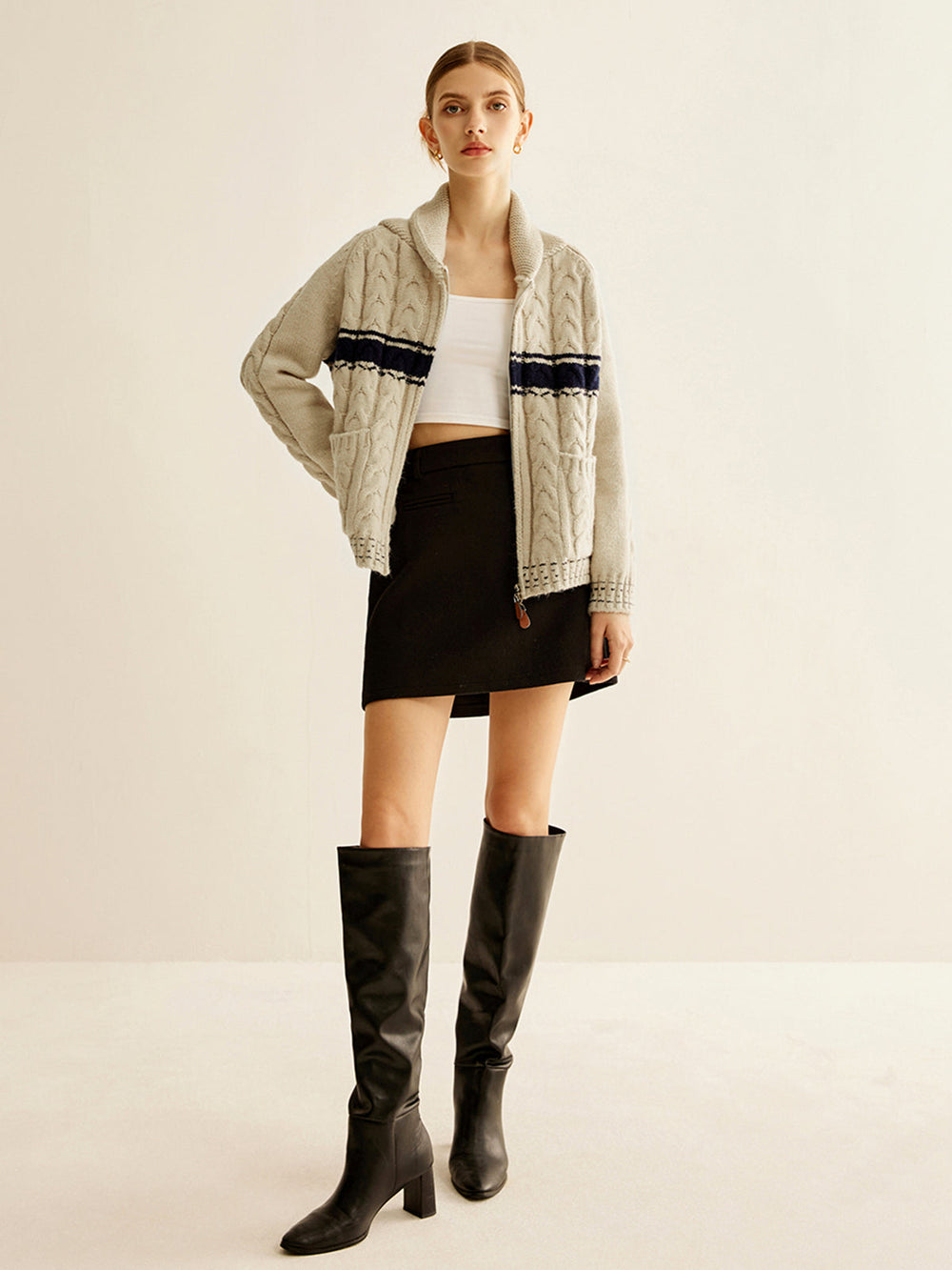 Vêtement d'extérieur en tricot torsadé avec fermeture à glissière Color Block