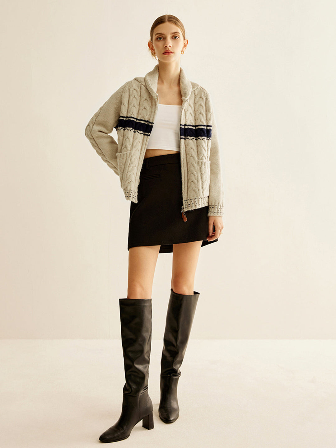 Vêtement d'extérieur en tricot torsadé avec fermeture à glissière Color Block