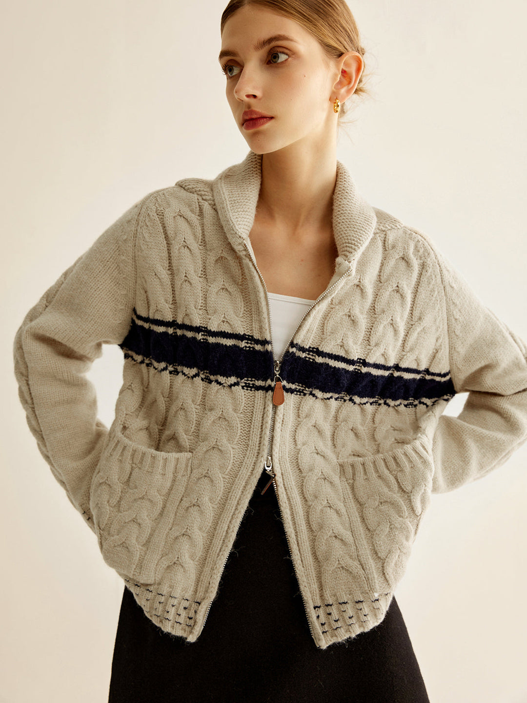 Vêtement d'extérieur en tricot torsadé avec fermeture à glissière Color Block