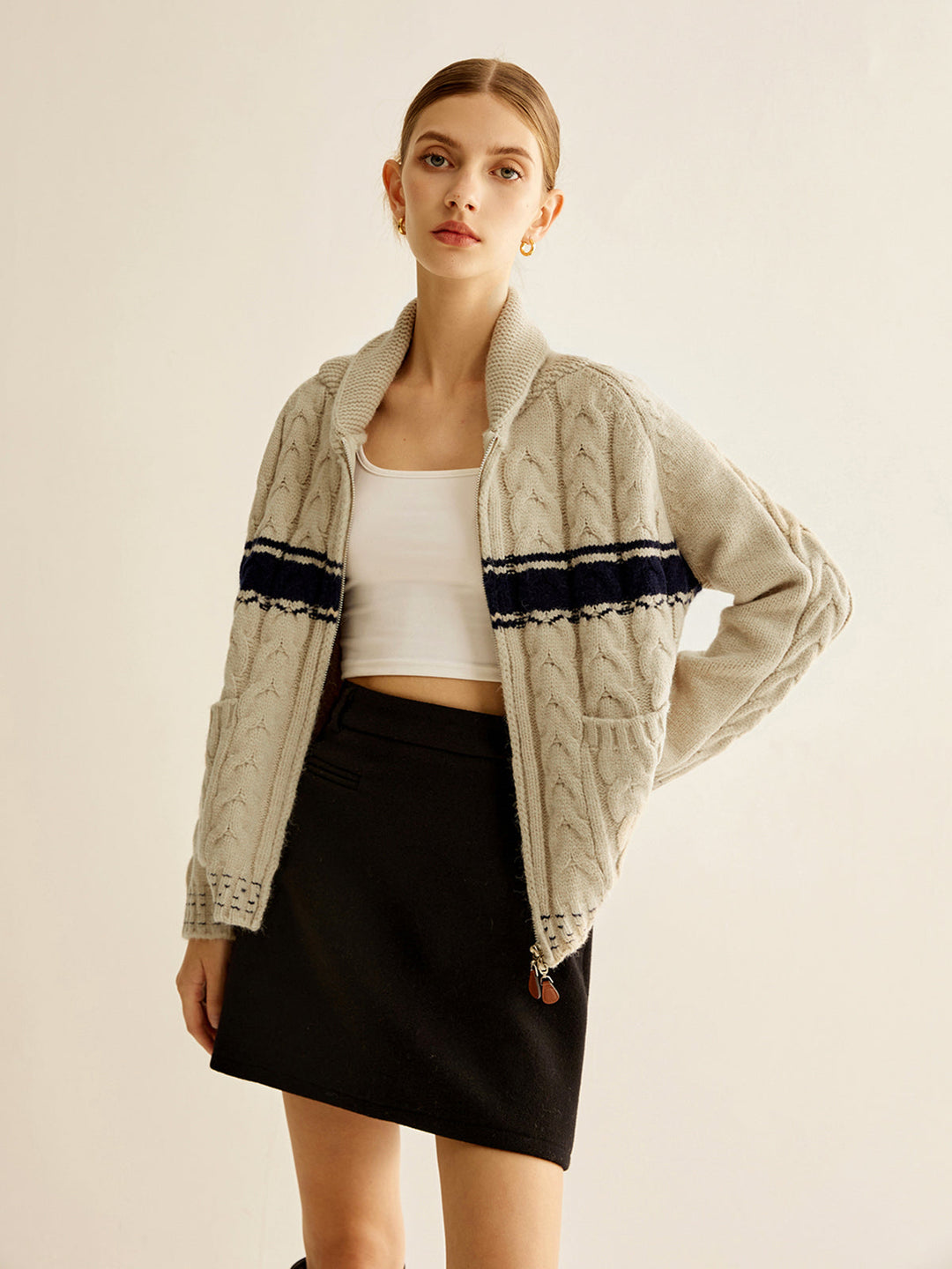Vêtement d'extérieur en tricot torsadé avec fermeture à glissière Color Block