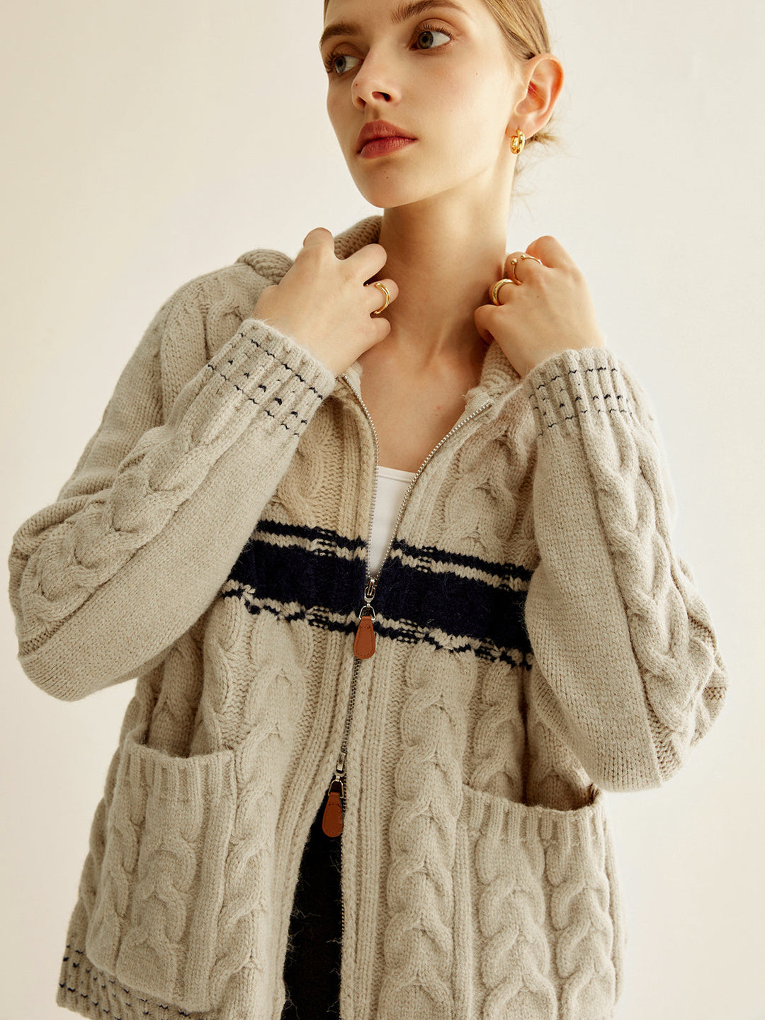 Vêtement d'extérieur en tricot torsadé avec fermeture à glissière Color Block