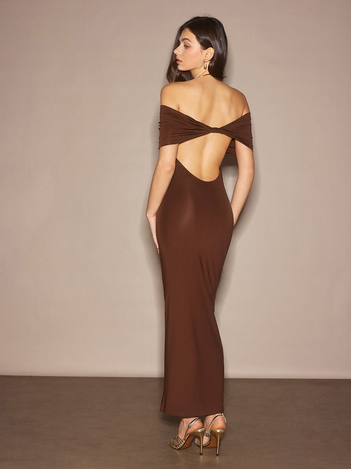 Robe Longue Ajustée à épaules dénudées et Ruchée