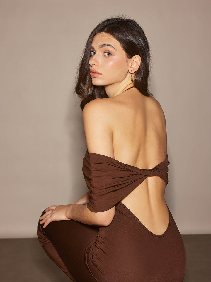 Robe Longue Ajustée à épaules dénudées et Ruchée