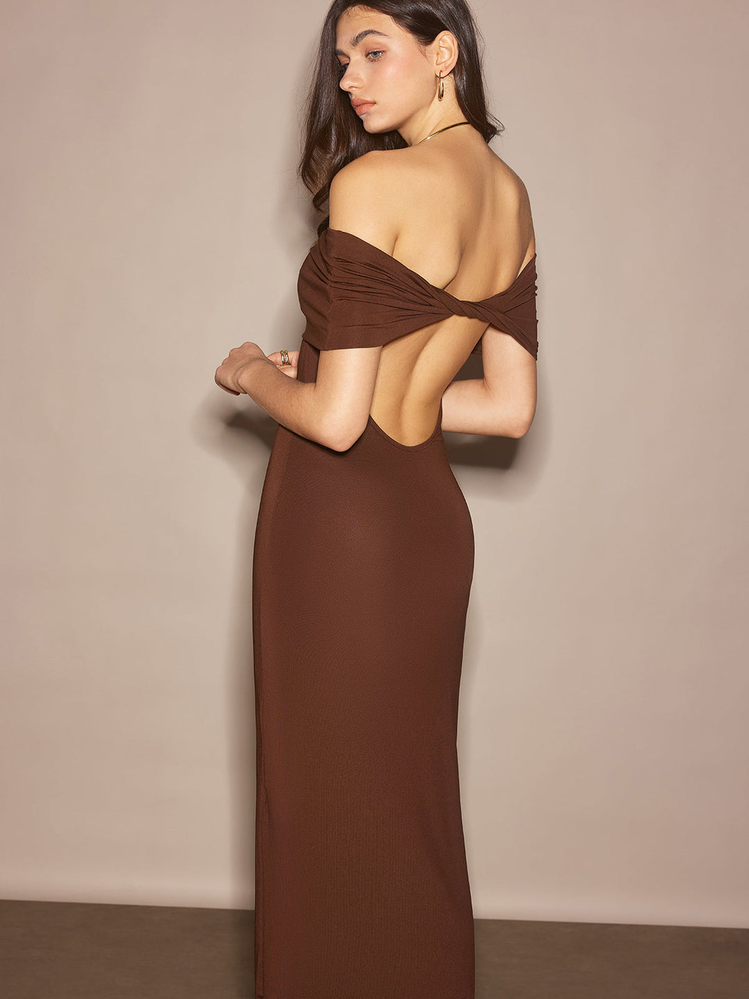 Robe Longue Ajustée à épaules dénudées et Ruchée