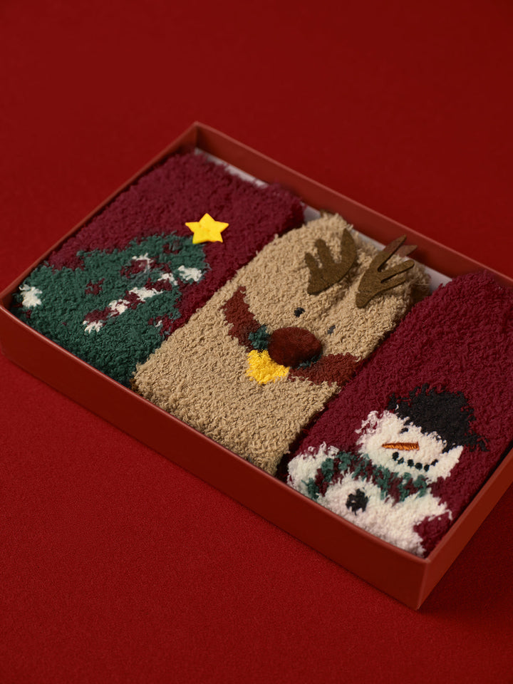 Lot de 3 paires de chaussettes en velours corail pour Noël avec boîte