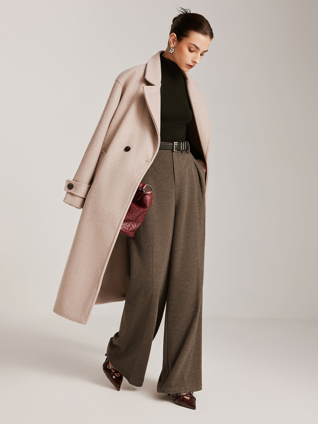 Pantalon large à chevrons en mélange de laine sans ceinture
