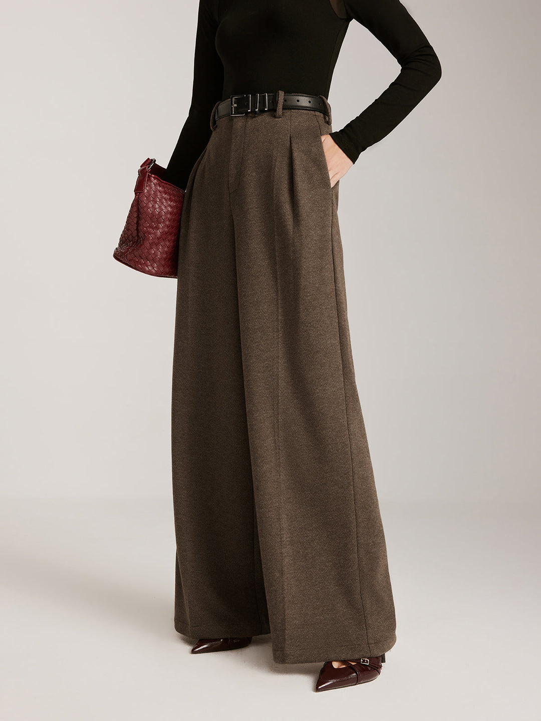 Pantalon large à chevrons en mélange de laine sans ceinture